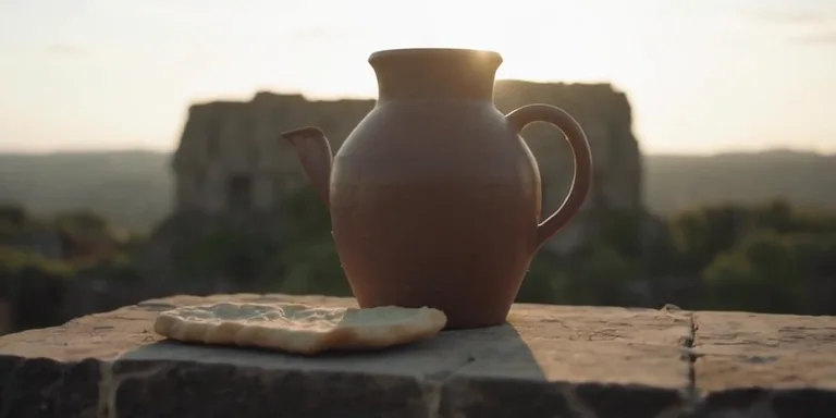 Pão assado e um jarro de água sobre uma pedra plana, na luz da manhã
