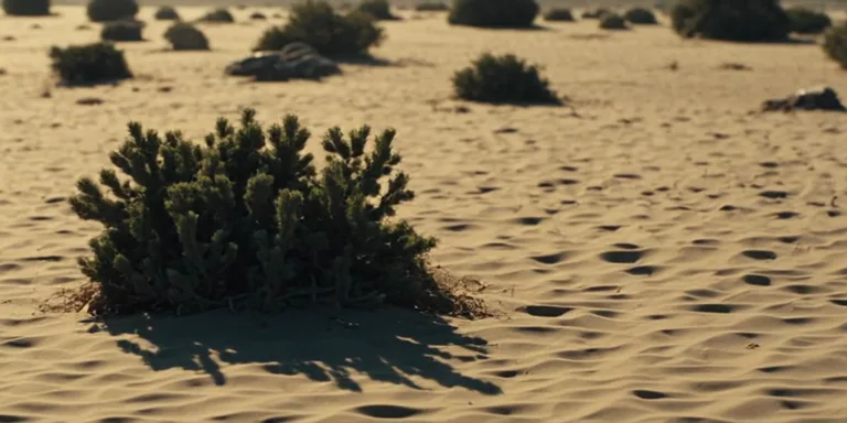 Um arbusto solitário projetando sombra fina na areia do deserto